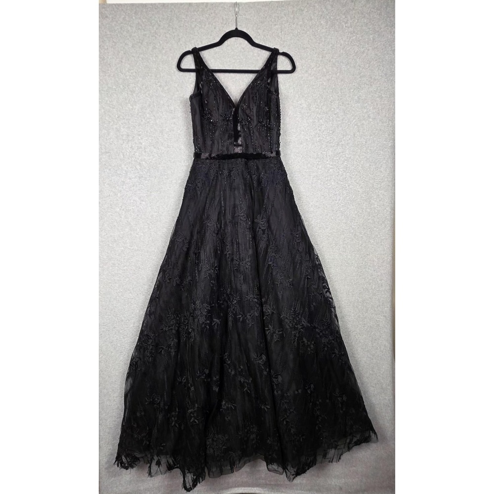 Rachel Allan Dress Womens 8 Black Beaded Floral Tulle Ball Formal Evening Prom